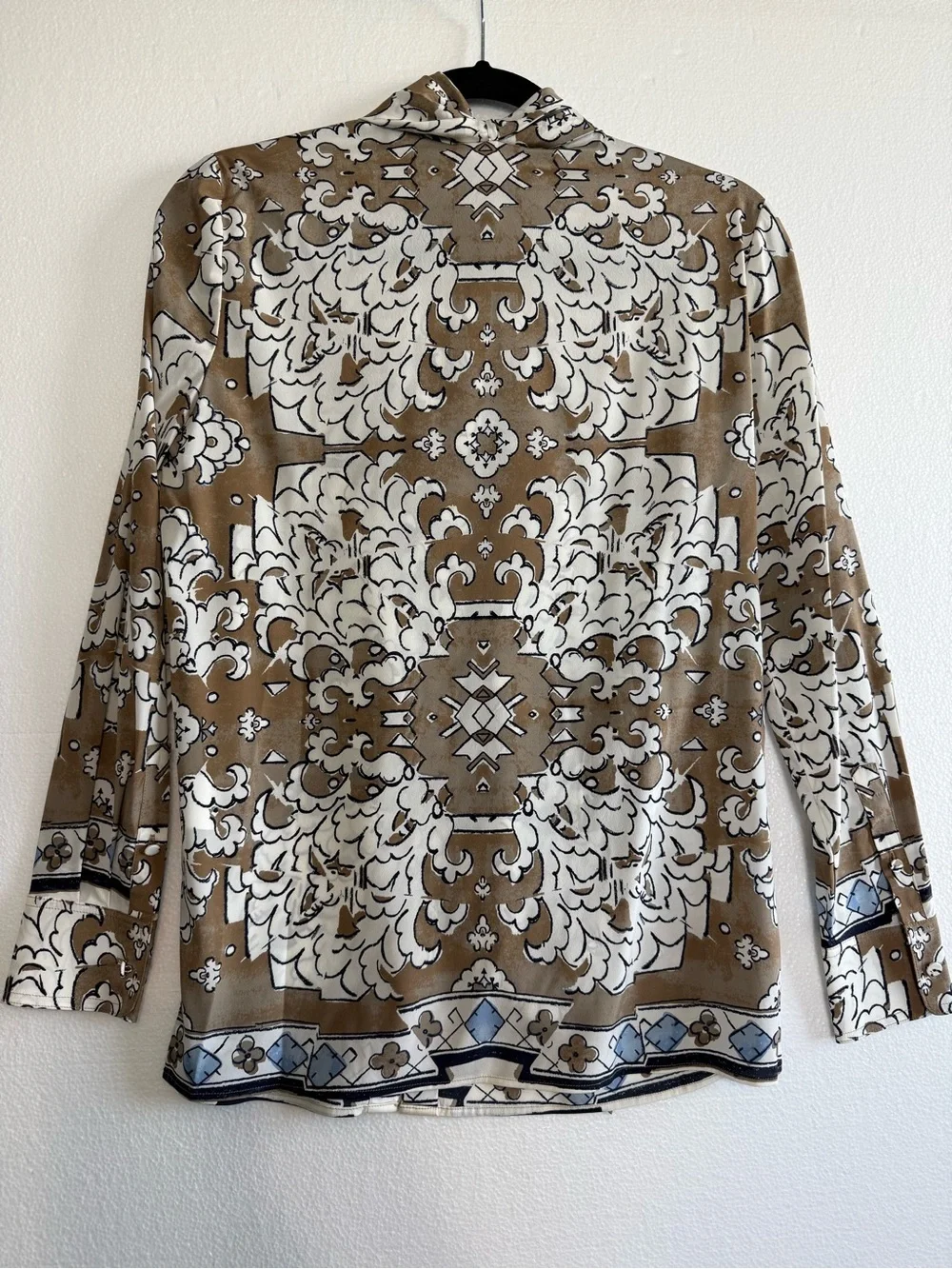 Tory Burch Silk Tie Neck Button Down Floral Tunic Blouse Taupe Cream Size 4